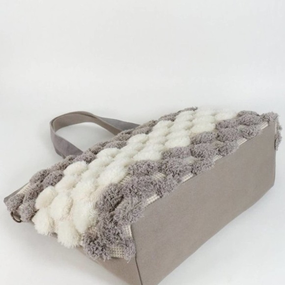 Handwoven Pom Pom Boston Bag - Gray - Picture 3 of 4